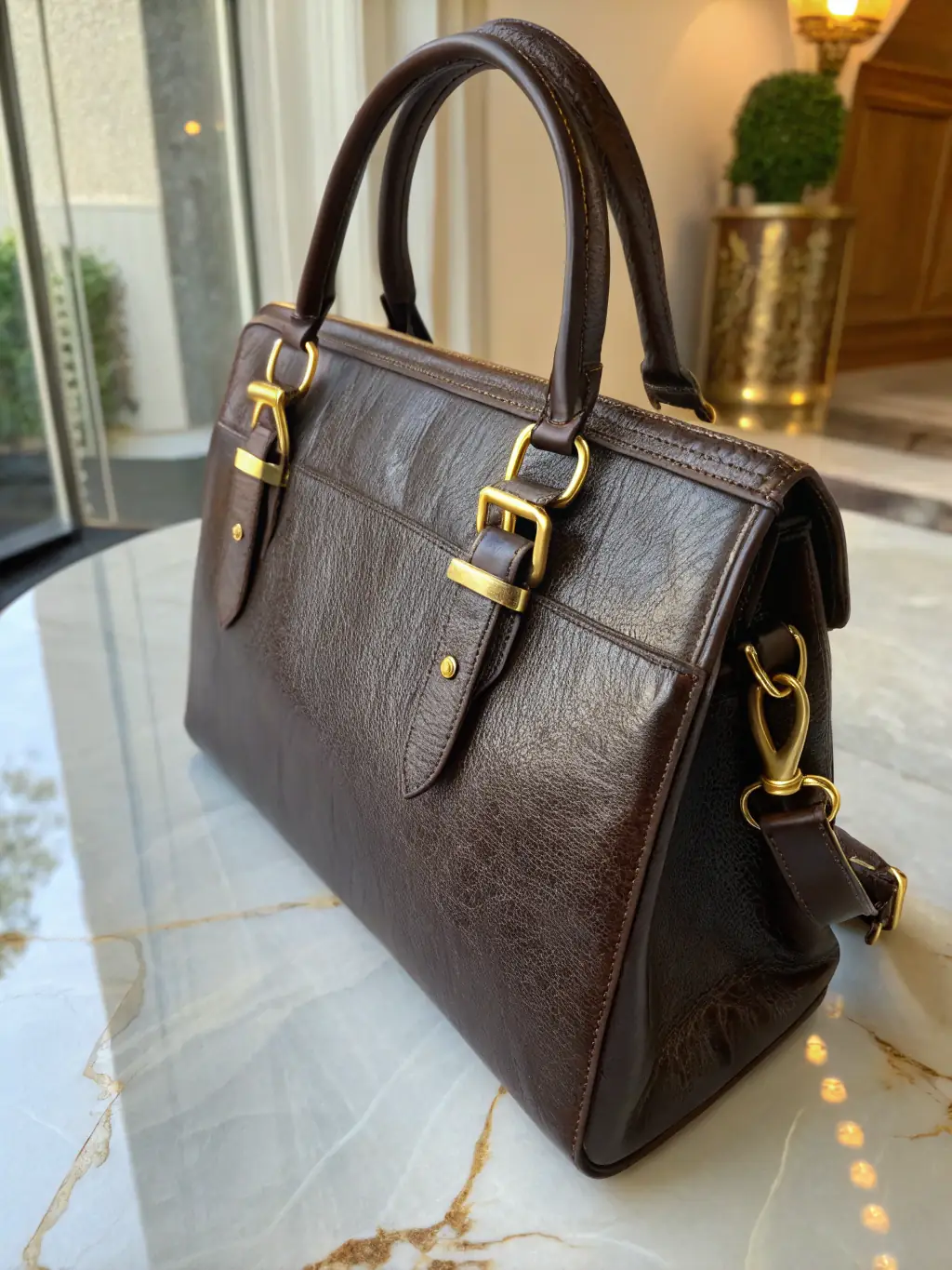 A close-up shot of a handcrafted purse with intricate stitching and unique fabric patterns, displayed in a warm, inviting setting.