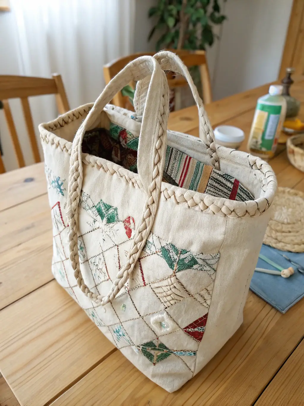 A stylish, handcrafted bag featuring a blend of textures and colors, photographed in a natural light setting to highlight its artistic design.